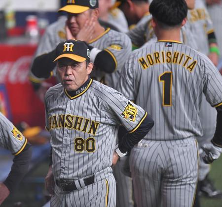 　４回、近本の右飛の判定でのリクエストするも不発に終わった岡田監督（撮影・西岡正）