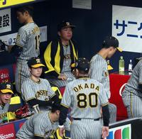 　６回、岡田監督は村上の交代を告げベンチに戻る（撮影・山口登）