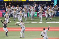 　日本シリーズ優勝が決まった瞬間、ベンチから勢いよく飛び出す阪神ナイン（撮影・立川洋一郎）