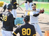 　岡田監督（手前）が見守る中、小幡（左）に高めのティー打撃の手本を示す上本コーチ