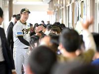 　小学生と笑顔でタッチする青柳（撮影・金田祐二）