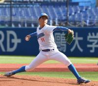 　日本文理大打線相手に好投する青学大・下村海翔（撮影・佐々木彰尚）