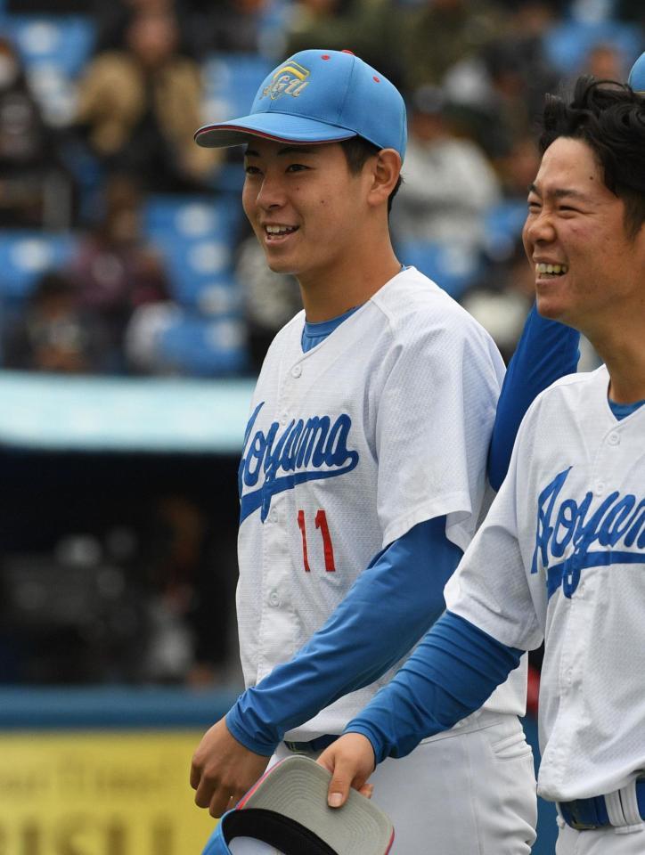 　笑顔を見せる青学大・下村海翔（撮影・佐々木彰尚）