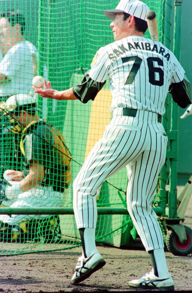 　ノックを行う阪神コーチ時代の榊原良行氏＝１９９６年９月１８日