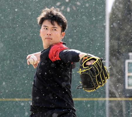 　雨が降る中、投げ込む椎葉（撮影・田中太一）
