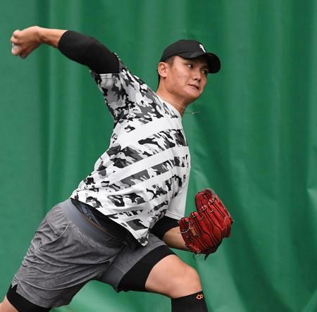 　ブルペンで投げ込む西純（撮影・田中太一）