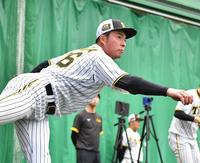 　ブルペンで投球する椎葉（撮影・中田匡峻）