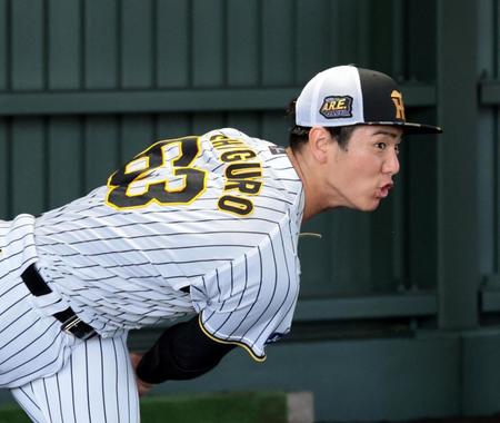 　ブルペンで投球練習する石黒（撮影・山口登）