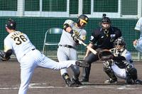 　８回、右前打を放つ前川（撮影・飯室逸平）