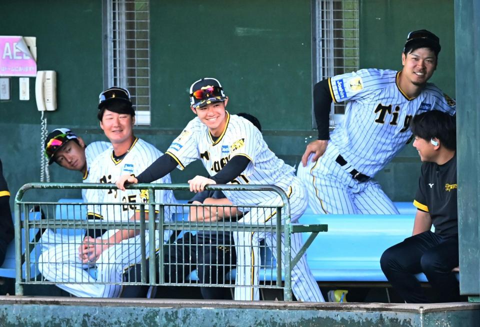 　ベンチで談笑する（右から）佐藤輝、中野ら（撮影・飯室逸平）