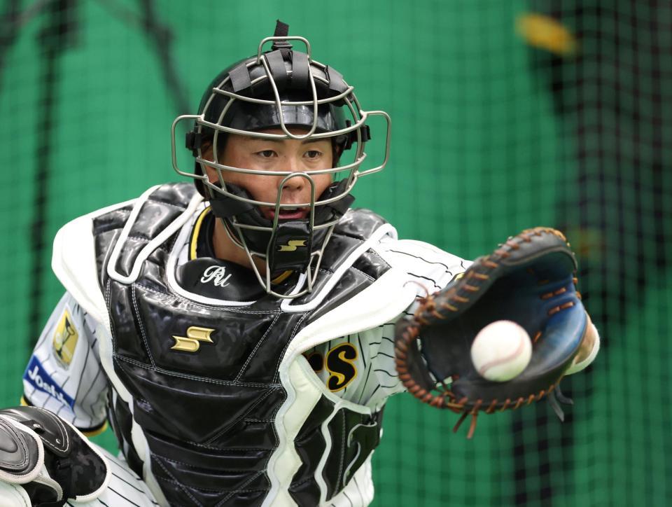 　ブルペンで投手陣の球を受ける梅野（撮影・中田匡峻）