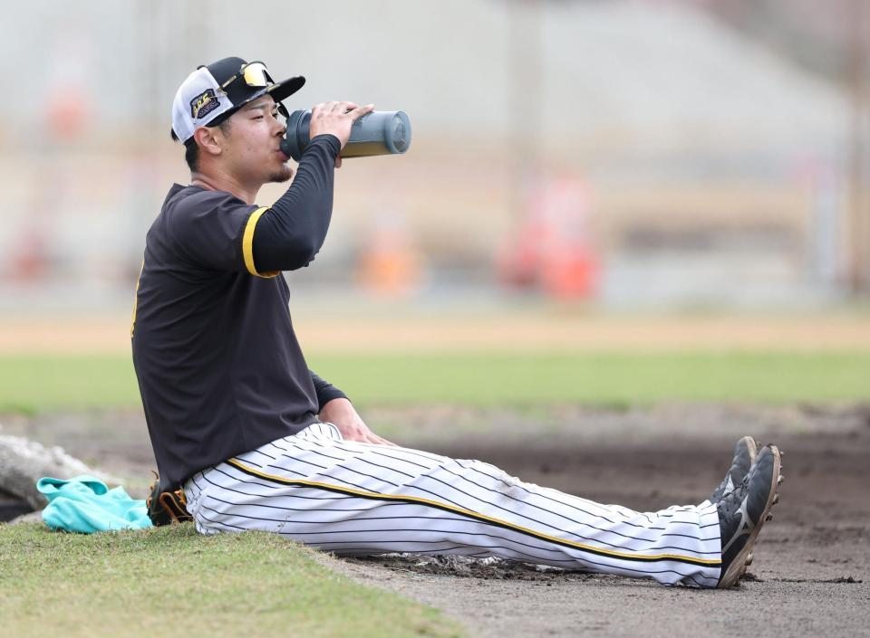 　ノックの合間に給水する佐藤輝（撮影・中田匡峻）