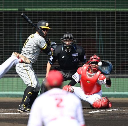 　１回、四球を選ぶ佐藤輝（撮影・飯室逸平）