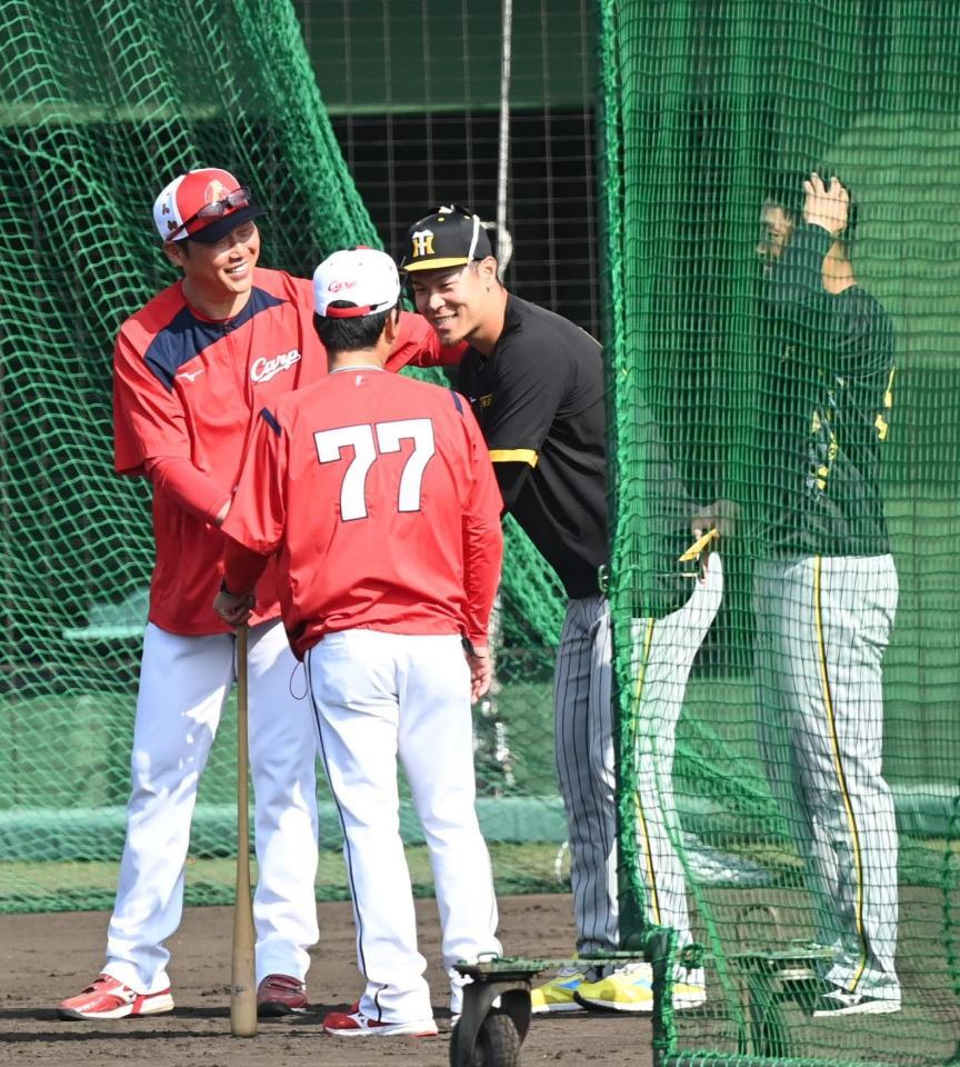 　新井監督、藤井ヘッドにあいさつする佐藤輝