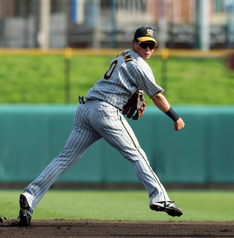 　７回、中村貴の打球を好捕し一塁アウトにする木浪（撮影・山口登）