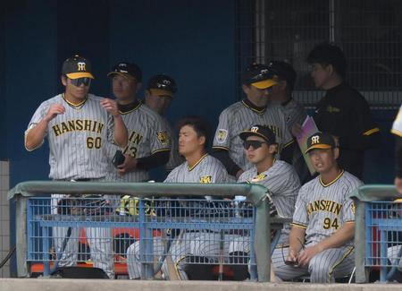 　（手前左から）小野寺、前川、井上など若手を起用したものの１安打完封負けに終わり、すぐに引き揚げる岡田監督（奥中央）＝撮影・伊藤笙子