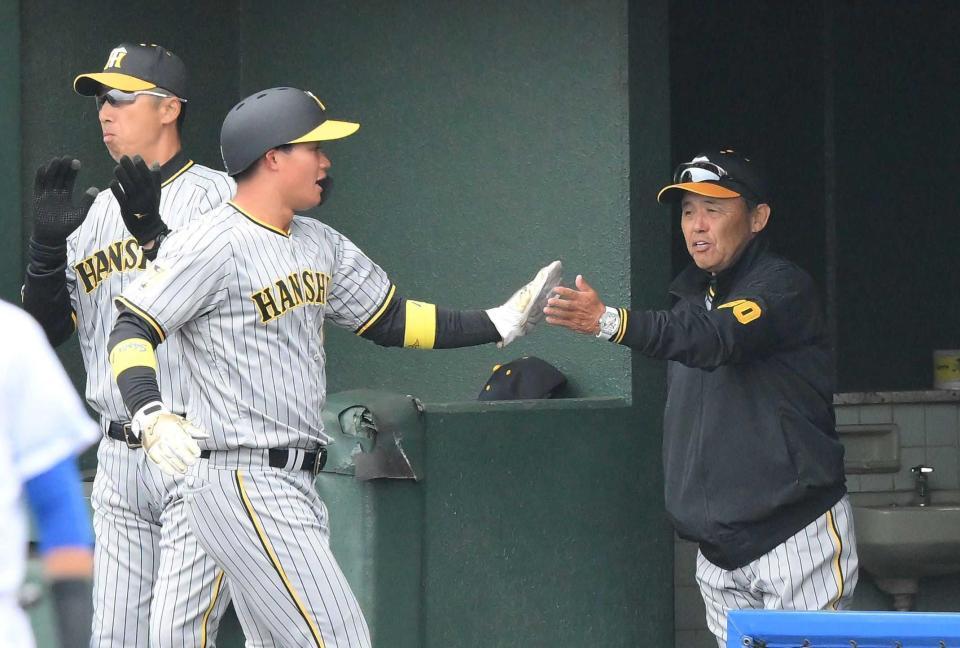 　２回、森下（左）を迎える岡田監督（撮影・伊藤笙子）