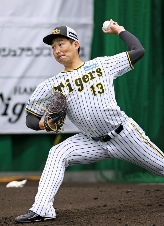 　ブルペンで投げ込む岩崎（撮影・立川洋一郎）