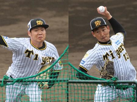 　そろって打者相手に投球した（左から）西勇と岩崎