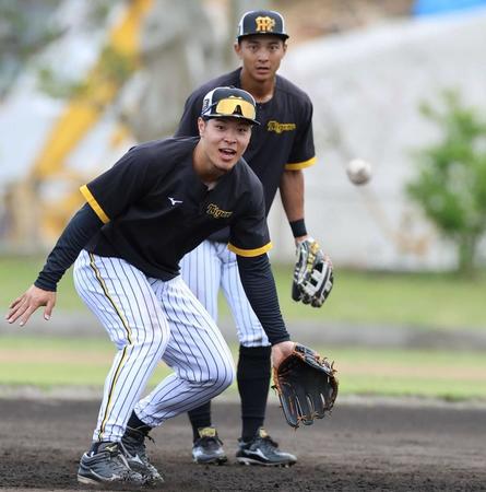 　ハツラツとノックを受ける佐藤輝（手前）と熊谷（撮影・田中太一）