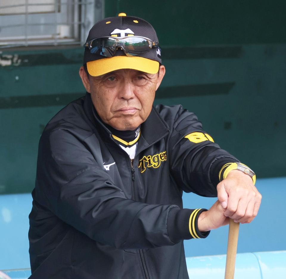 　ベンチに腰かけ特打で打ち込むナインを見入る岡田監督（撮影・立川洋一郎）