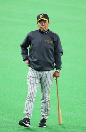 　試合前練習でナインの動きを見守る岡田監督（撮影・立川洋一郎）