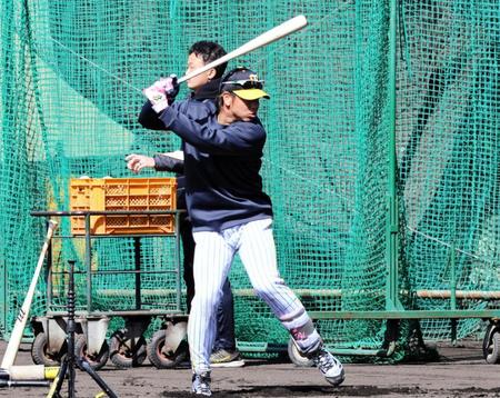 　屋外で打撃練習に励んだ梅野