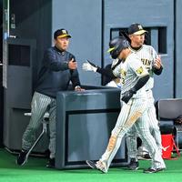 　６回、ミエセスの中犠飛で生還した大山とタッチを交わす岡田監督（撮影・立川洋一郎）