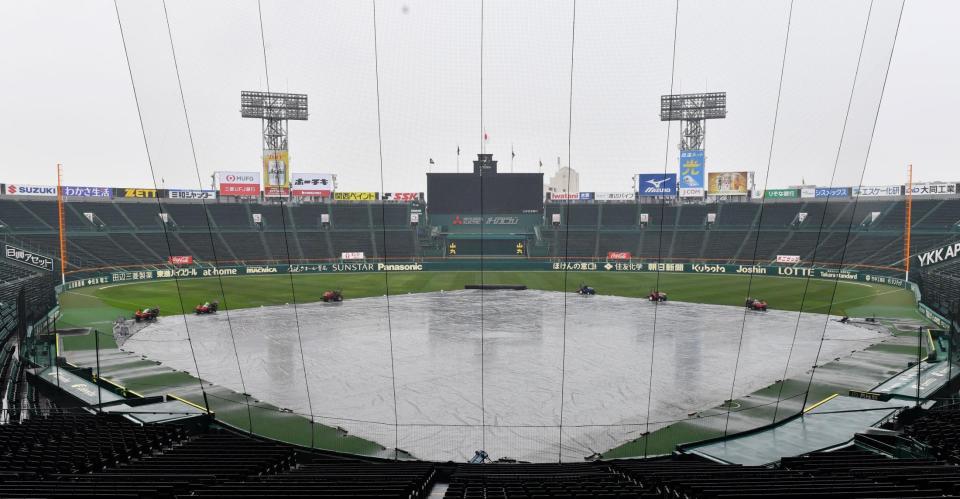 　雨の為、グラウンドにはシートが敷かれる（撮影・中田匡峻）