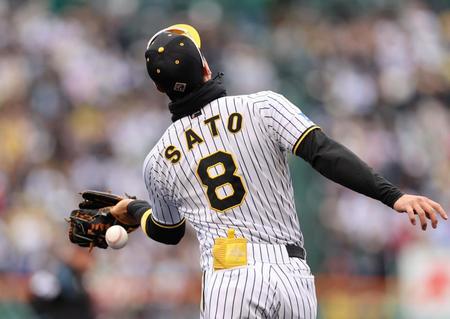 【写真】あっち行ってこっち行って落球　阪神・佐藤輝の焦り方がハンパない