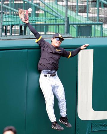 　フェンス際で守備練習する前川（撮影・山口登）