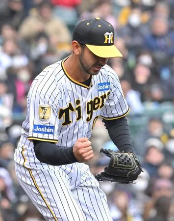 　６回、武岡を空振り三振に仕留め、拳を握るゲラ（撮影・北村雅宏）