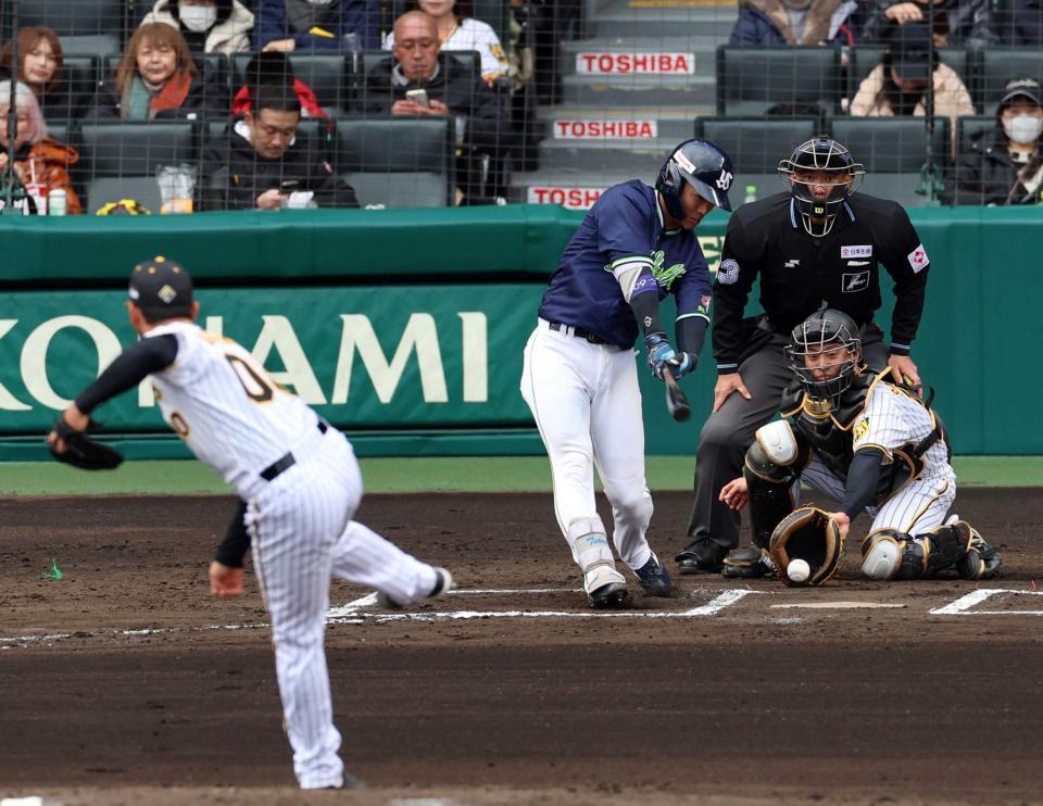 　６回、空振り三振に倒れる武岡（投手・ゲラ、捕手・坂本）