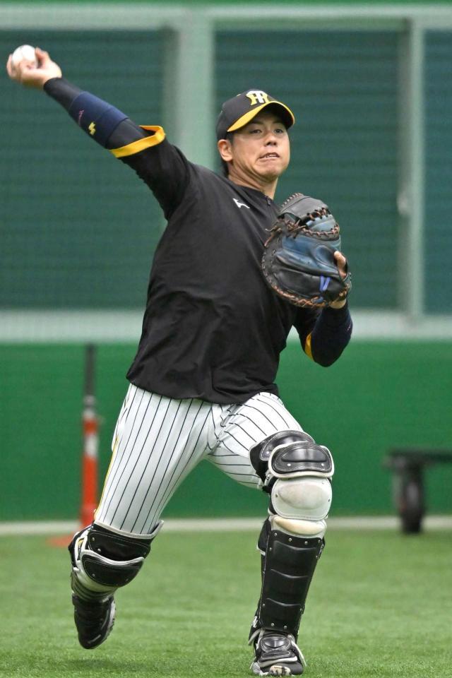 　距離を伸ばしながらキャッチボールする梅野（撮影・北村雅宏）