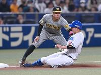 　２回、ノイジーの好返球で進塁を阻まれる一走の宇佐見（撮影・飯室逸平）