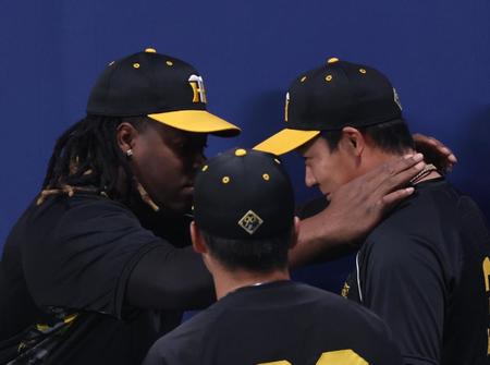 　大山（右）にネックレスをつけるミエセス（撮影・田中太一）