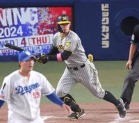 　８回、左前へ安打を放つ佐藤輝（撮影・田中太一）