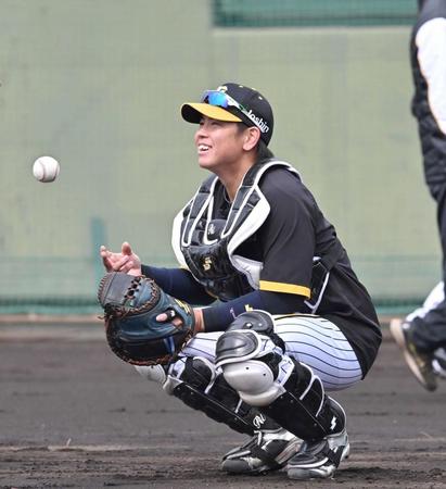 　守備練習中に笑顔を見せる梅野（撮影・北村雅宏）