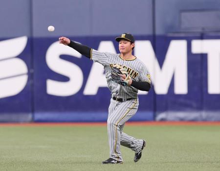 　シートノックで右翼の守備に就く森下（撮影・立川洋一郎）