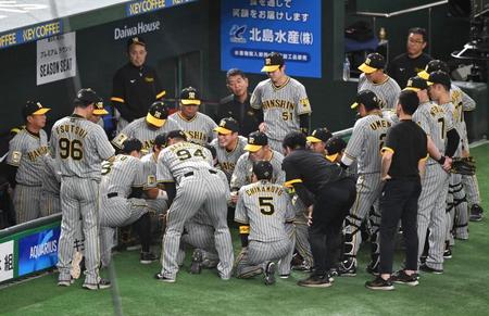 　試合前に円陣を組む阪神ナイン（撮影・棚橋慶太）