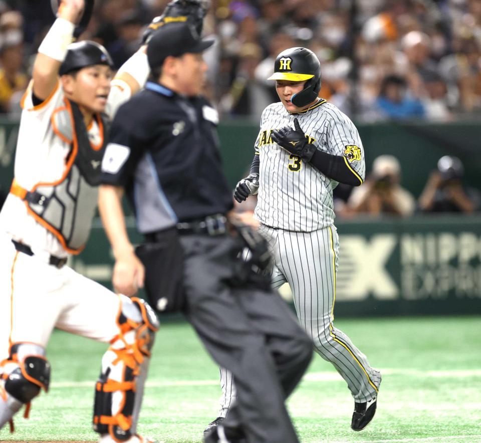 　４回、坂本のスクイズで本塁へ向かう大山だが…（撮影・金田祐二）