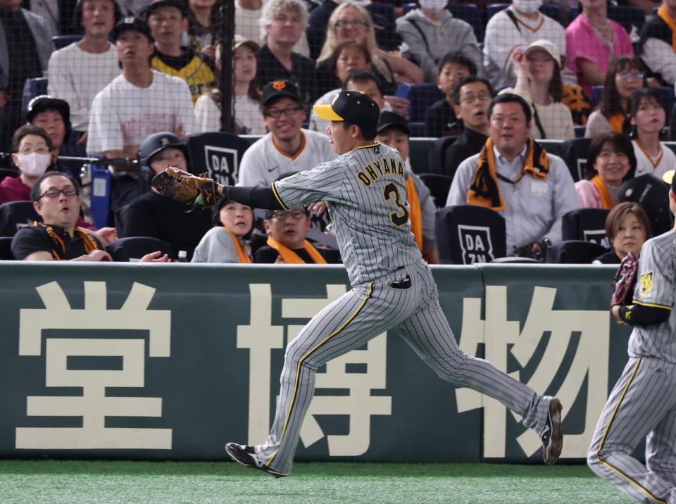 　２回、坂本の邪飛を好捕した一塁手・大山（撮影・中田匡峻）