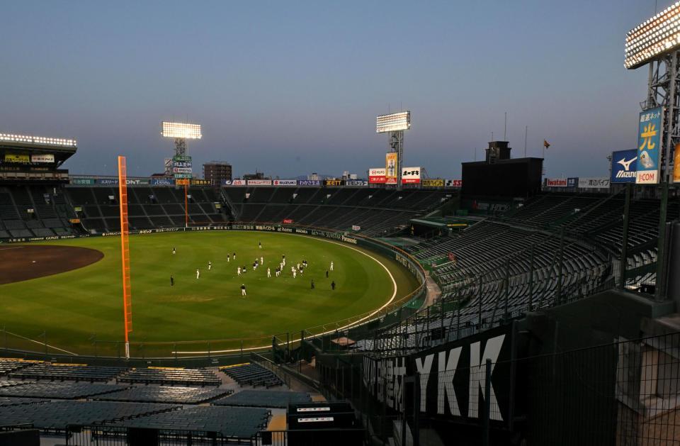 　ナイター照明の下、ウオーミングアップする阪神ナイン（撮影・北村雅宏）