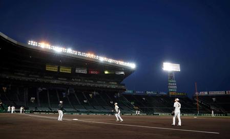 　薄暮で照明が点灯しノックを受ける阪神ナイン（撮影・山口登）