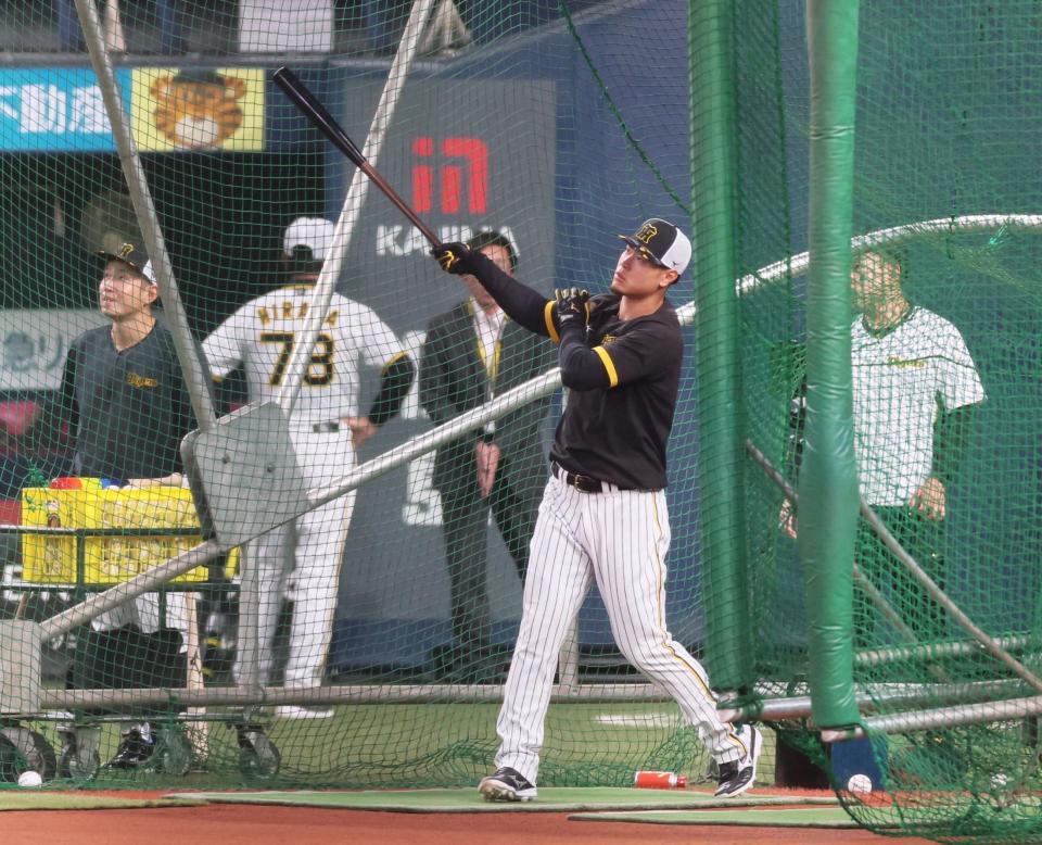 　早出特打をする阪神・佐藤輝（撮影・立川洋一郎）