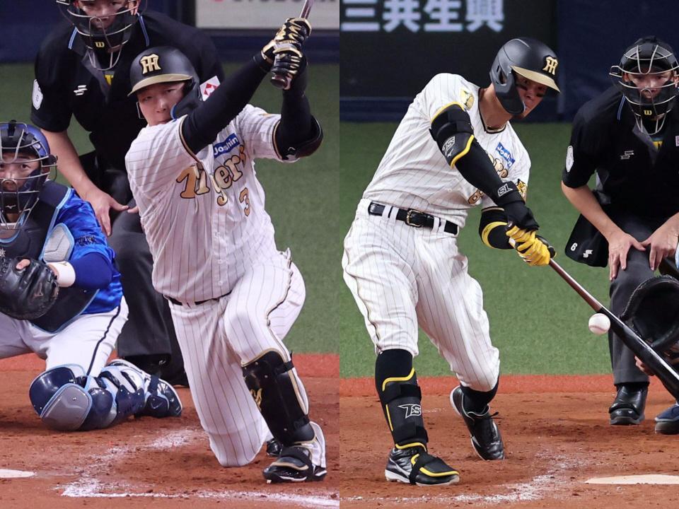 　４回に左前適時打を放つ大山（左）、８回に右前適時打を放つ佐藤輝