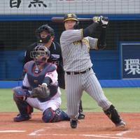 　４回、ライトへ同点適時打を放つ大山（撮影・伊藤笙子）