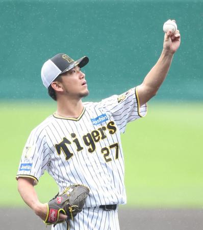 　雨が強まる中、マウンドで投球練習を行った伊藤将（撮影・中田匡峻）
