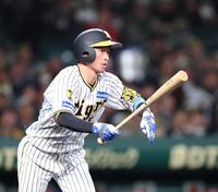 　５回、右前に先制適時打を放つ近本（撮影・中田匡峻）