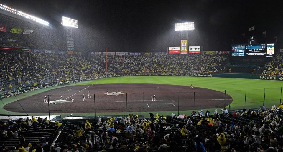 　延長１０回に入り、雨のため試合中断する甲子園（撮影・中田匡峻）